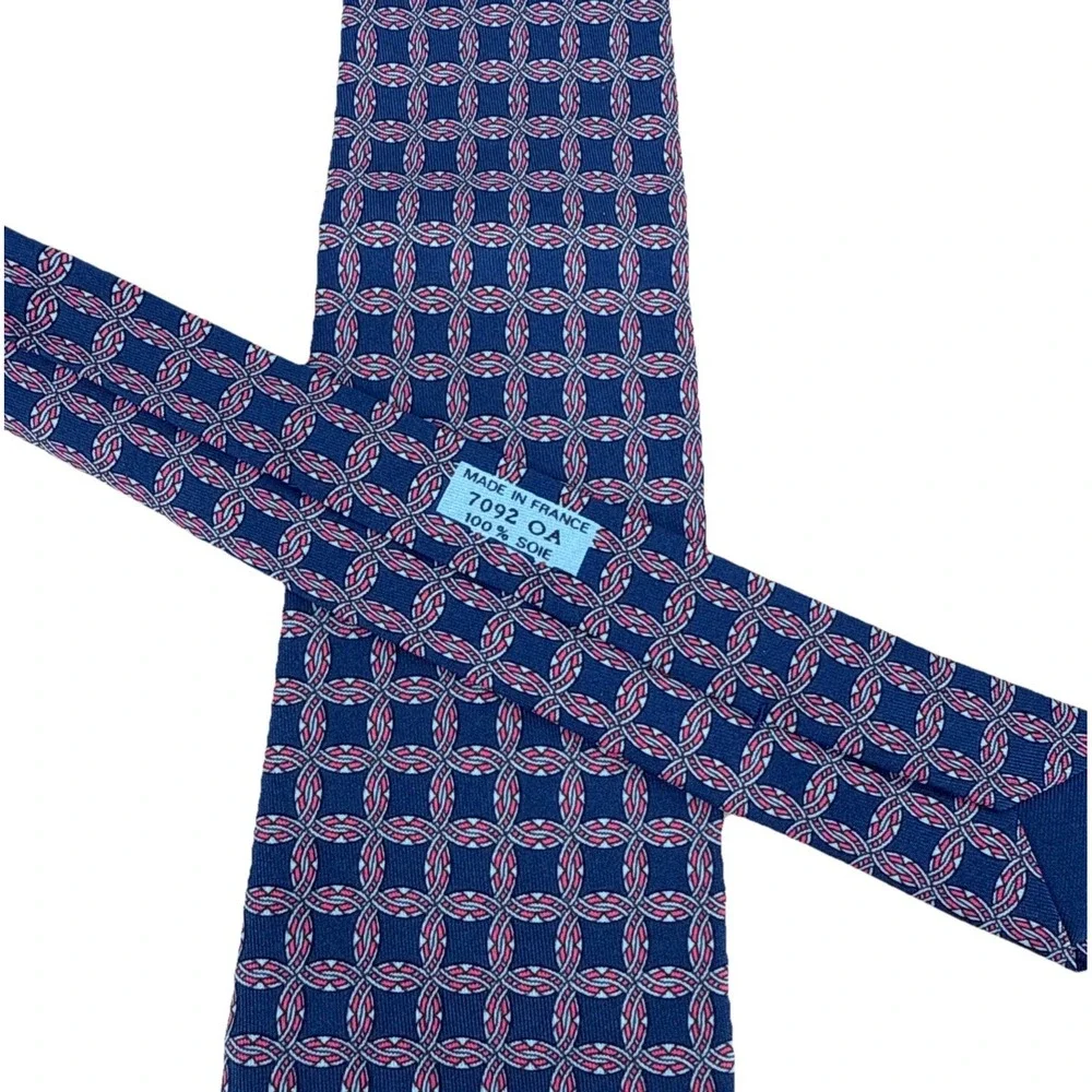 Hermès France 100% Silk Tie Navy Blue Red Geometric Squares Luxury AOP 7092 UA
